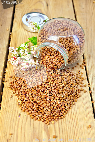 Image of Buckwheat in glass jar and on board with flower