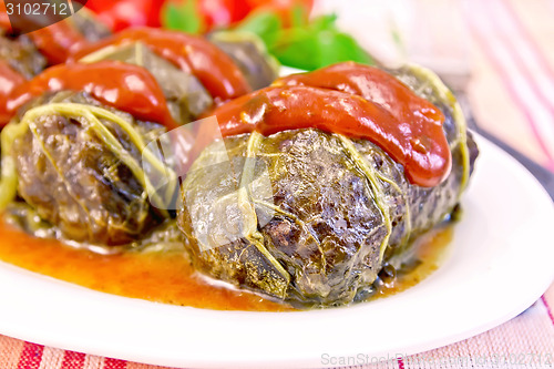 Image of Rhubarb leaves stuffed with sauce in plate