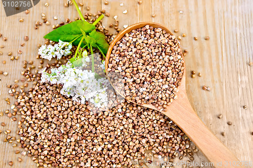 Image of Buckwheat on board with flower and wooden spoon