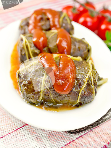 Image of Rhubarb leaves stuffed with sauce in plate on tissue