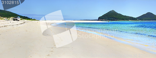 Image of Jimmys Beach Hawks Nest eastern end with Mt Tomaree in view.