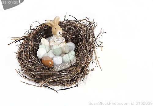 Image of Easter nest with eggs and bunny