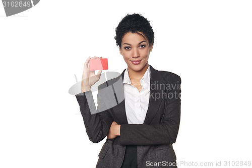 Image of Business woman showing blank credit card