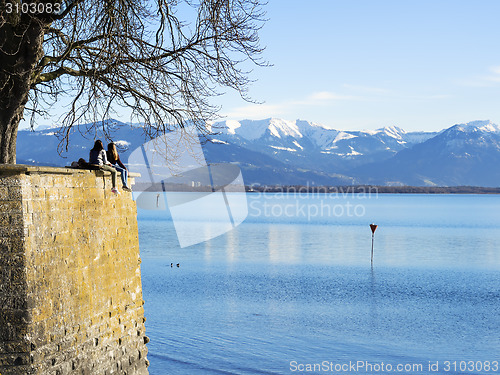 Image of Lake Constance with rocks and people