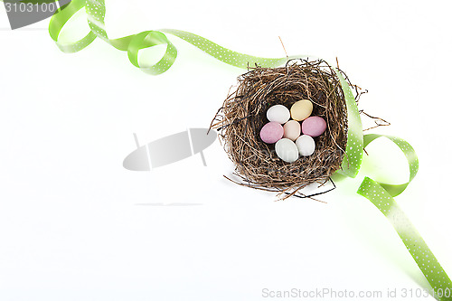 Image of Easter basket with green ribbon