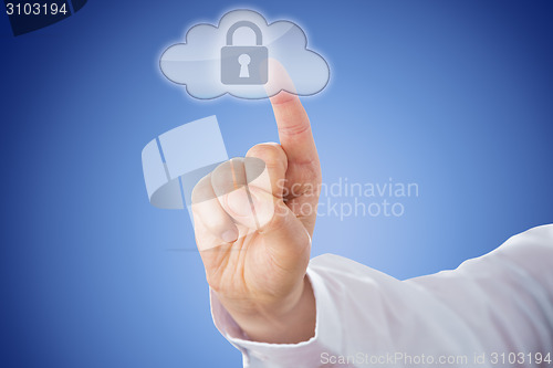 Image of Finger Pushing Lock Button In Cloud Icon Over Blue