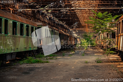 Image of Cargo trains in old train depot