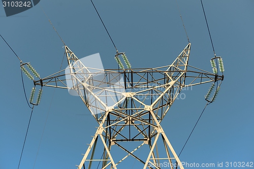 Image of Large transmission towers at sunset