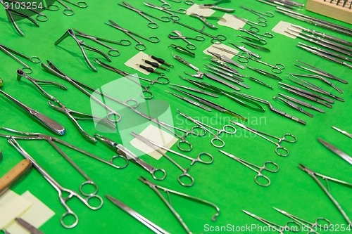 Image of Medical instruments collection on green textile