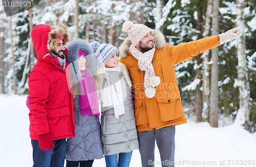 Image of group of smiling men and women in winter forest