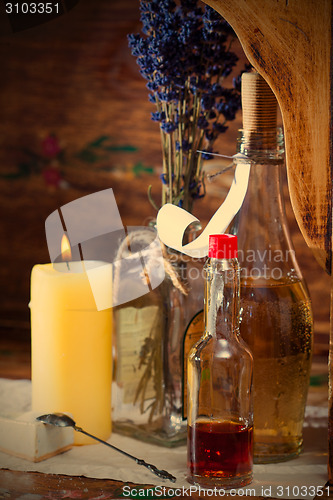 Image of Vintage still life with pharmacy vials