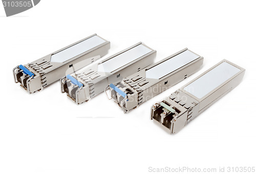 Image of Optical gigabit sfp modules for network switch on the white background 