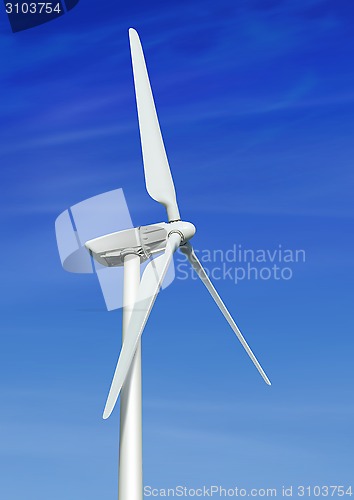 Image of wind turbine against cloudy blue sky