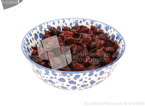 Image of Dried cranberries in a blue and white china bowl