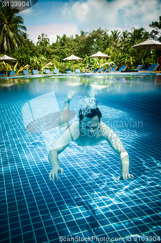 Image of Man floats underwater in pool