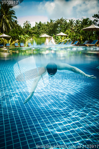 Image of Man floats underwater in pool