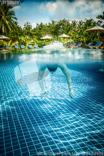 Image of Man floats underwater in pool