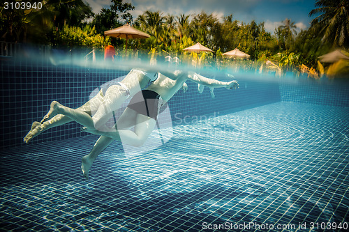 Image of Couple floating in the pool on holiday