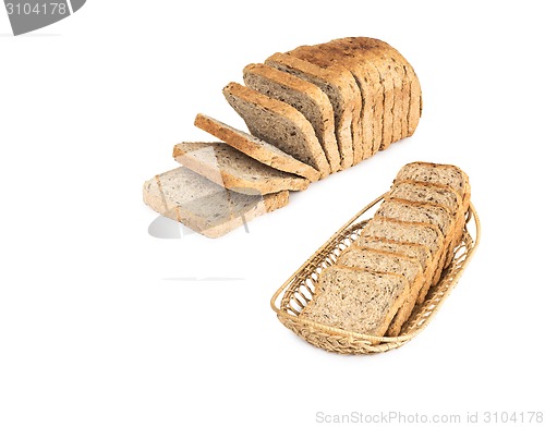 Image of Basket with bread isolated on white.