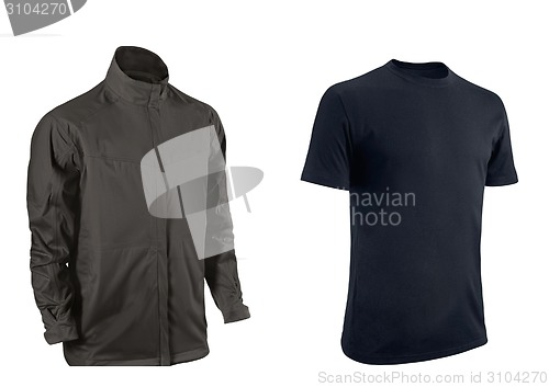 Image of Black Tshirt and jacket on a white background.