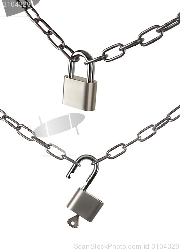 Image of Key lock locked and opened with a chain