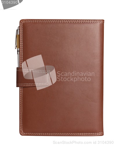 Image of Leather notebook and pencil on white background.