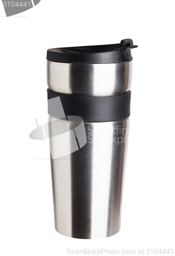 Image of Thermos travel tumbler, cup. Closeup.