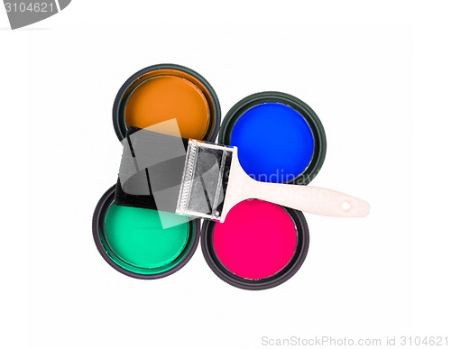 Image of four colorful paint cans with paintbrush