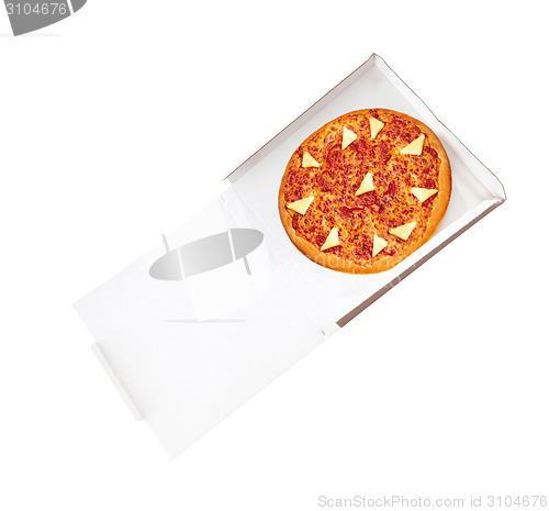 Image of pizza in open paper box