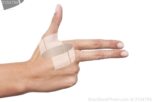 Image of female hand making a shooting gesture, isolated on white