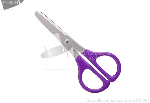 Image of violet plastic handle closed scissors on white background.