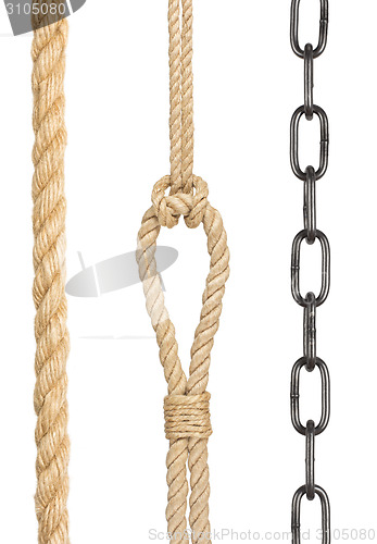 Image of collection of chain and ropes on white background