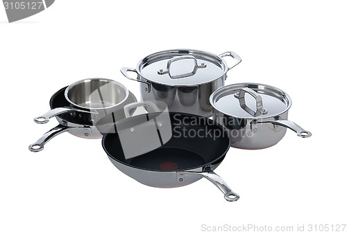 Image of Stainless steel pots and pans isolated on white