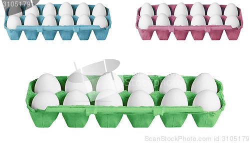 Image of carton boxes with eggs isolated on the white background