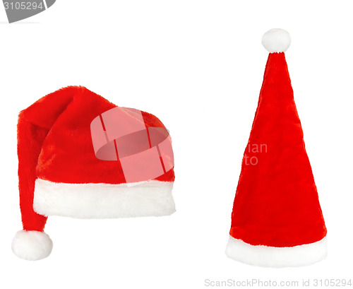 Image of two Santa claus red hats on white background