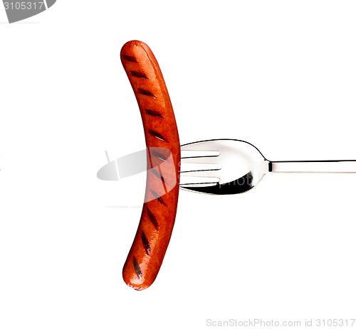 Image of Pork sausage with fork isolated on a white background
