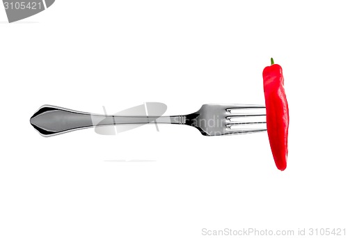 Image of hot chilli pepper on fork isolated