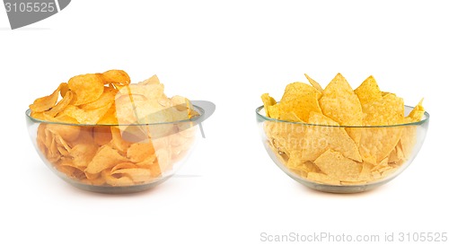 Image of two bowls of potato and nacho chips isolated on white background