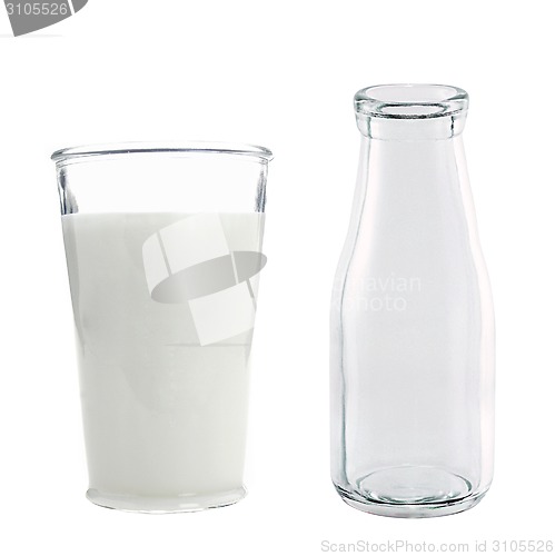 Image of Glass of milk with bottle isolated on white