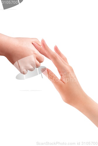 Image of Baby hand holding mother finger