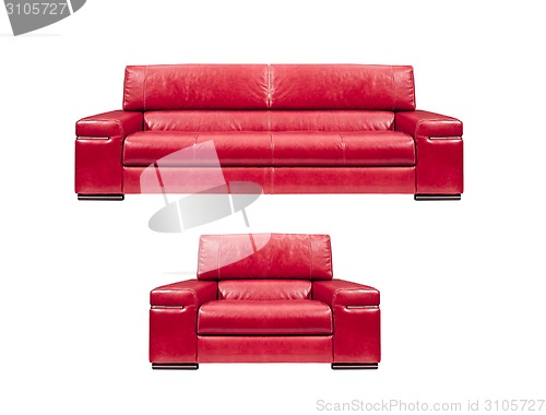 Image of red leather sofa with armchair isolated