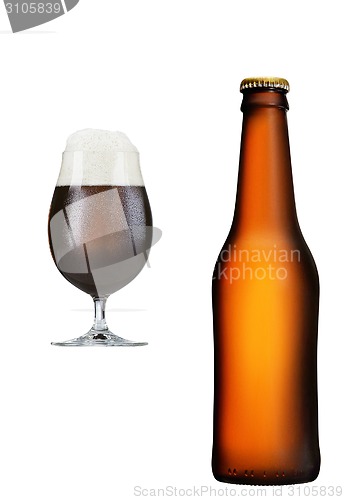 Image of bottle  glass of brown beer on white background