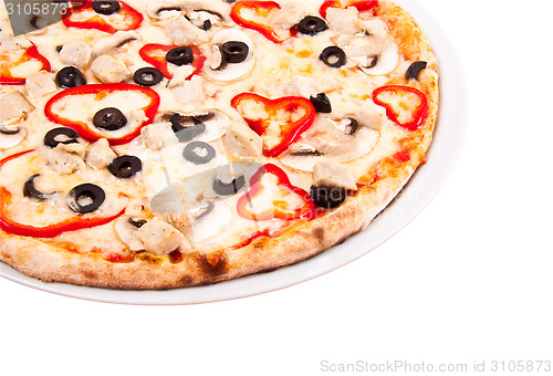 Image of pizza with red pepper and mushrooms