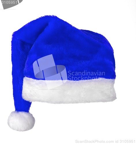 Image of Santa claus blue hat on white background