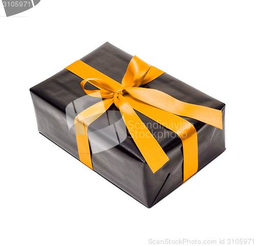 Image of Black gift box with yellow satin ribbon and bow