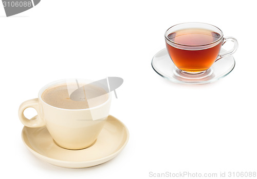 Image of small white cup of cappuccino coffee with tea