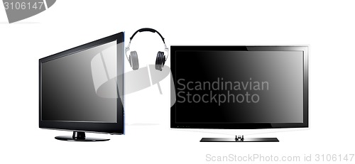 Image of two LCD high definition flat screen TV with headphone