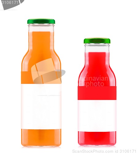 Image of Orange and strawberry juices in glass bottles