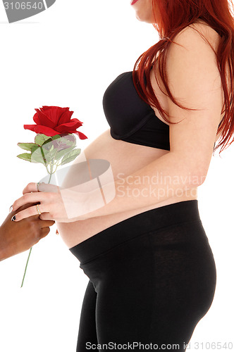 Image of Pregnant woman gets rose.