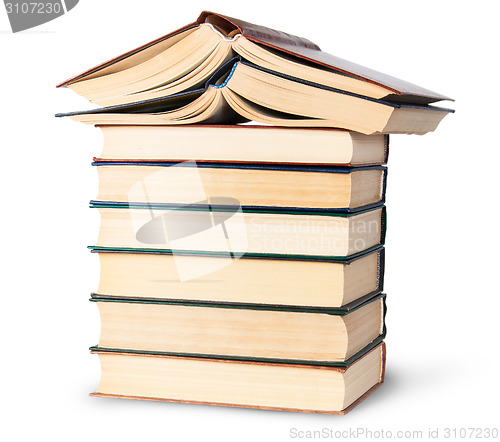 Image of Stack of six old books with two open top rotated